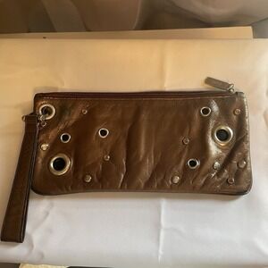 Hobo International Shinny Brown Clutch Wristlet Wallet with Gemstone Accents